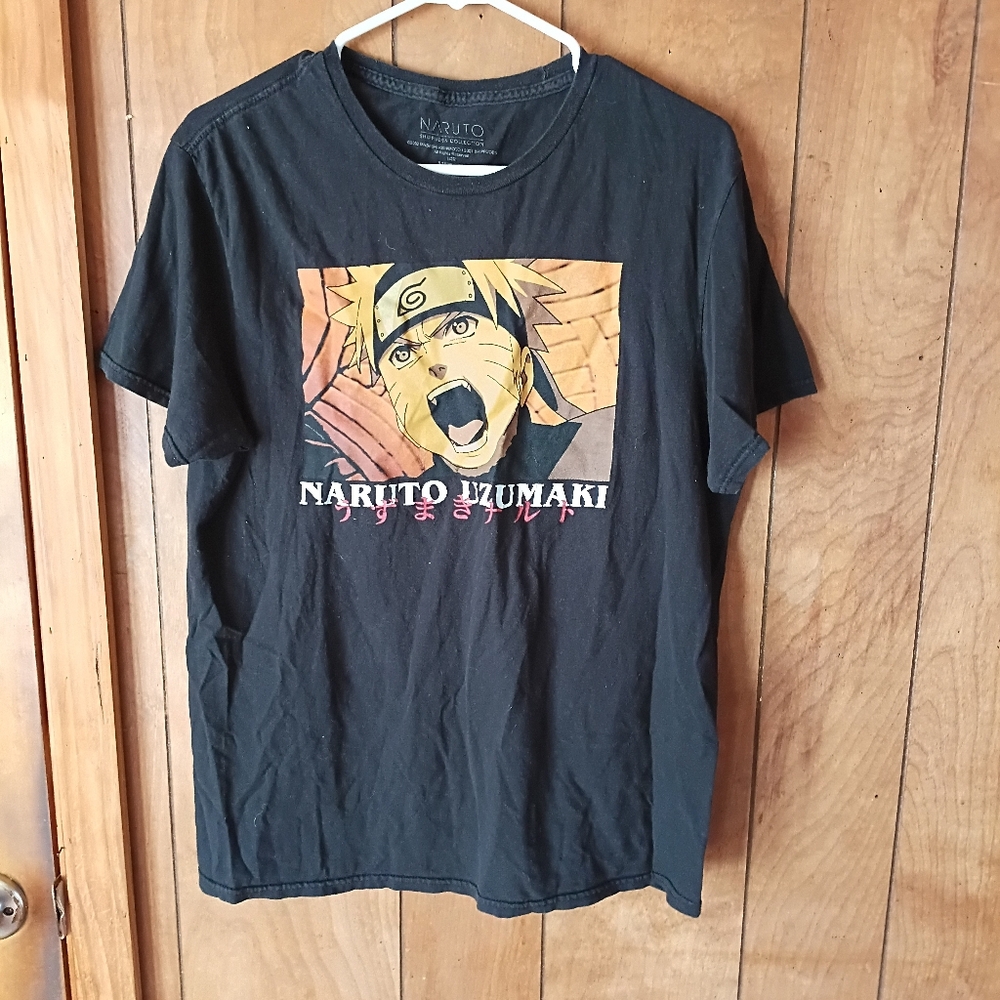 Naruto Uzumaki Anime T-Shirt Black Short Sleeve Graphic Tee Unisex Size L